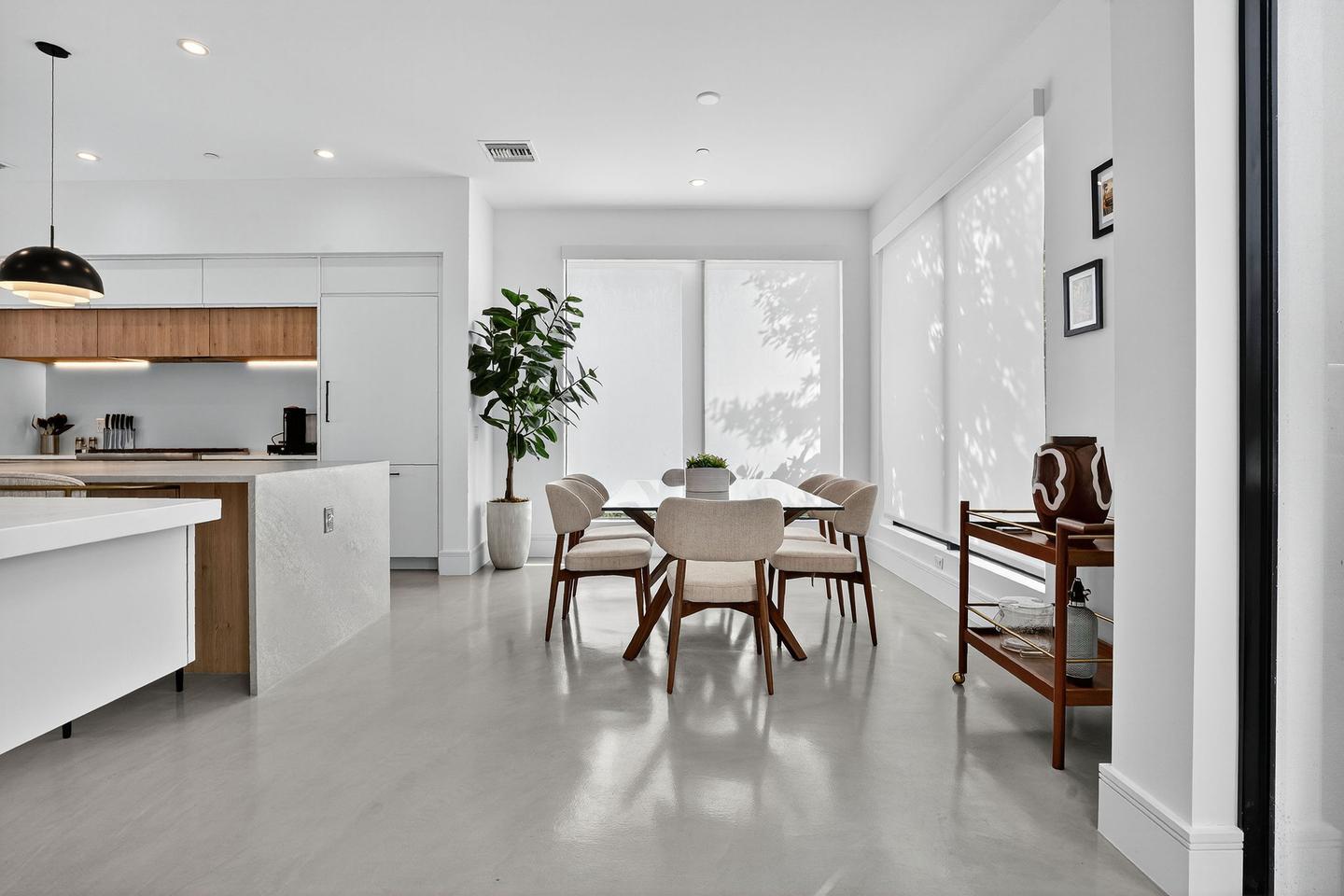 Bright dining area with modern seating