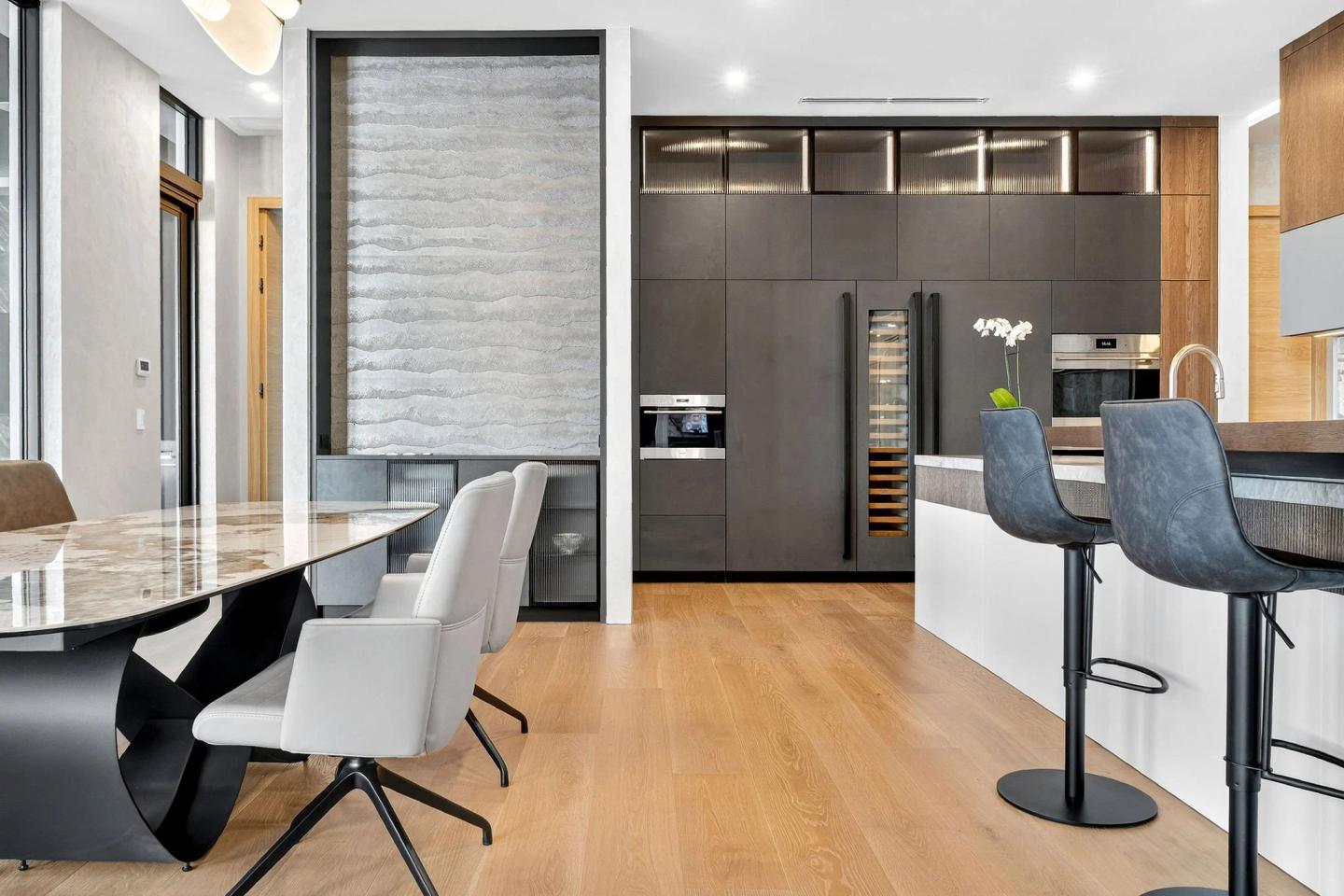 Professionally staged luxury dining room with carefully composed table setting and balanced lighting